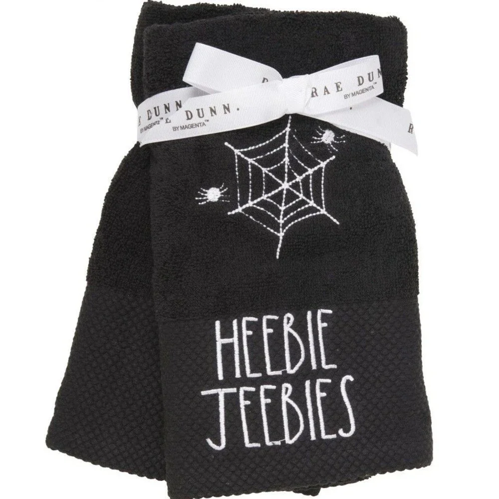 Rae Dunn “Heebie Jeebies” Black Spider Web Halloween Hand Towels Set of 2